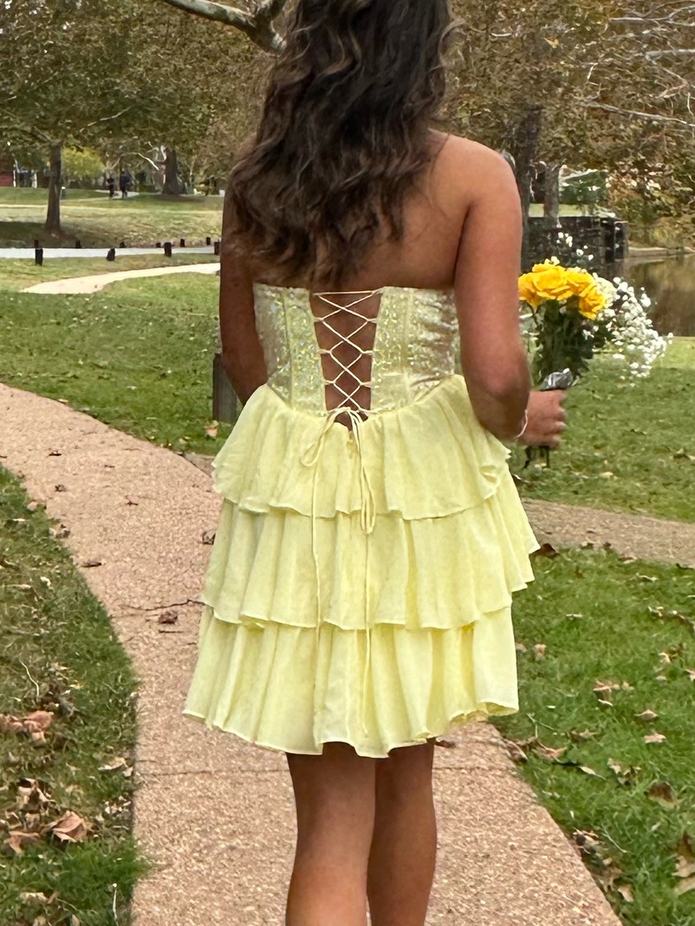 STACEE’S Homecoming Strapless Yellow Tiered Ruffle Mini Dress - Picture 2 of 4